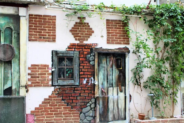 An impressive mural of an old home with creeping plants on it, istanbul, Turkiye.