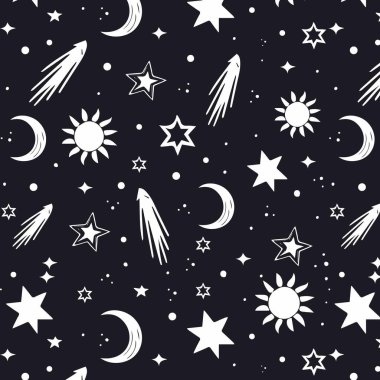 Yıldızlı ve aylı kusursuz desen. El çizimi vektör illüstrasyonu.