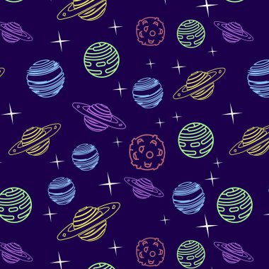 Gezegenler ve yıldızlarla kusursuz bir düzen. Vektör el çizimi resimleme.
