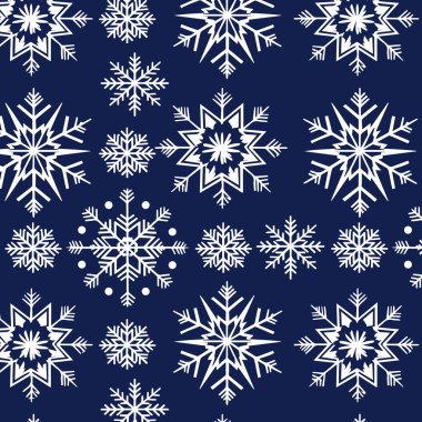 Koyu mavi arkaplandaki kar taneleri pürüzsüz desen. Vektör illüstrasyonu.