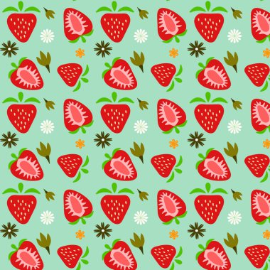  Yeşil arka planda çilek ve çiçeklerle kusursuz desen.