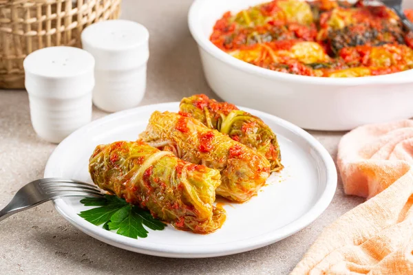 Meal with stuffed savoy cabbage with rice in a tomato sauce.