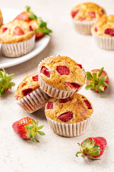 Strawberry Banana Muffins Fruit Homemade Sweet Pastry Selective Focus Vertical — Stock Photo, Image