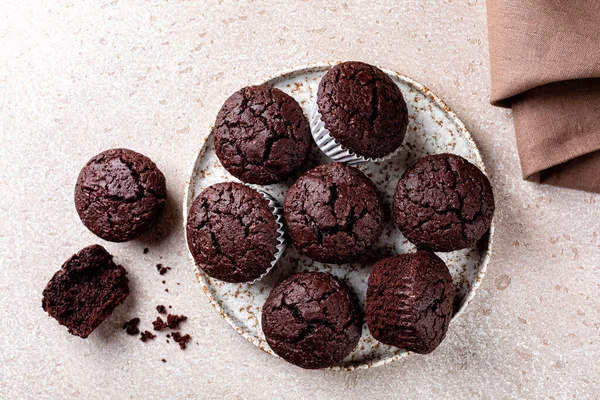 Top View Dark Chocolate Brownie Muffins Beautiful Structure Homemade Pastry — Stock Photo, Image