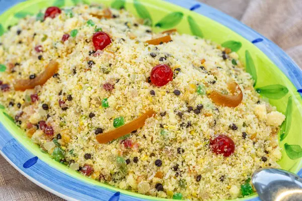 Sweet Couscous Salad Made Grated Coconut Candied Fruit Chocolate Sicilian — Stock Photo, Image