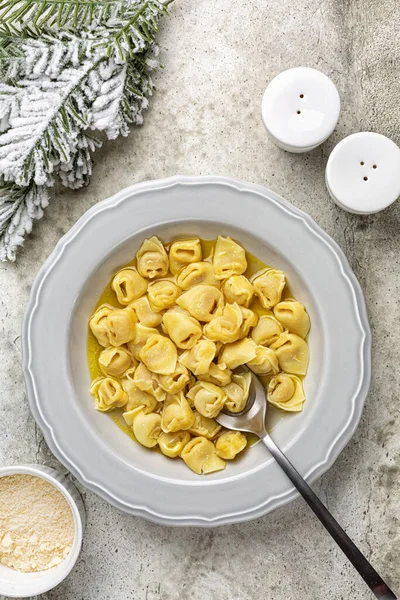 Tortellini Beef Chicken Broth Traditional Italian Christmas Main Course Especially — Stock Photo, Image