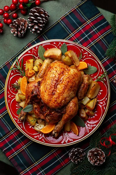 Overhead View Christmas New Year Feast Roasted Chicken Stuffed Apples — Stock Photo, Image