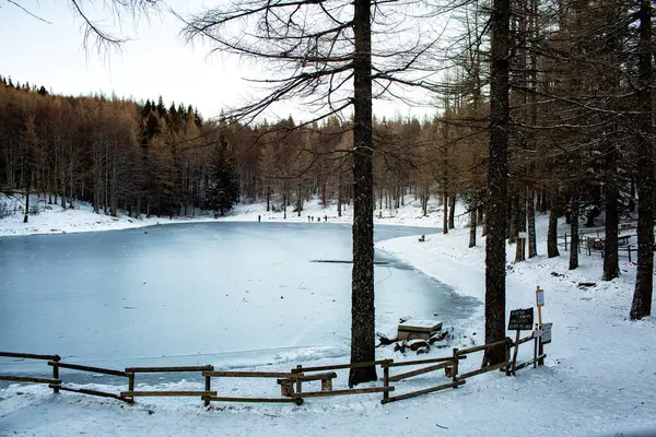 冬山冰湖伊拉戈德拉宁巴 Cimone山 意大利北部Apennines的山脉 Emilia Romagna 关于保护湖泊和安全的文章在哪里写的 — 图库照片