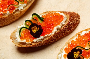 Krem peynirli havyar, kırmızı somon havyarı, susamlı baget ekmeği ve yenilebilir Viola çiçekleri ve salatalıkla süslenmiş. Şenlikli lüks yemekler. Bej beton arkaplan.