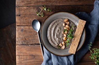 Sağlıklı vejetaryen mantar çorbası ve kraker, düğme mantarı ve hindistan cevizi kreması, koyu kırsal arka plan