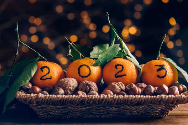 New Year 2023 Coming Concept Numbers Written Black Ink Clementines — Stock Photo, Image