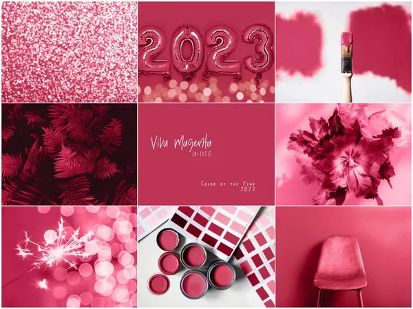 2023 yılının moda Viva Magenta renginde farklı fotoğrafların kolajı. Çiçeklerin, boyanın, ışıltıların ve soyut geçmişlerin kırmızı, pembe ve morumsu fotoğraflarından oluşan bir set.