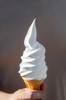 Soft whipped vanilla ice cream with chocolate stick in waffle cone in hands