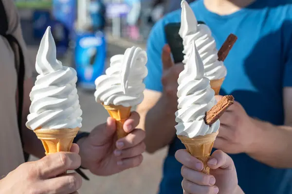 Soft Whipped Vanilla Ice Cream Chocolate Stick Waffle Cone Hands — Stok fotoğraf