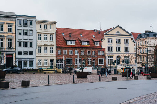 Lubeck, Germany - February 13, 2024: Lubeck city centre in region Schleswig-Holstein, Germany. Hanseatic City. Old Town architecture.