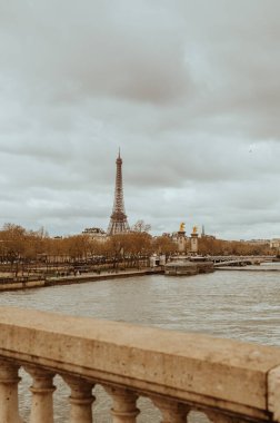Paris, Fransa - 30 Mart 2024: Pont Alexandre III kemer köprüsü, Seine nehri taksileri ve Eyfel Kulesi. Tonu ayarlanmış resim