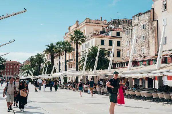 stock image Split, Croatia - May 25, 2024: The Riva, known as main Marina of Split, is the city seaside promenade and popular place for tourists with lot of shops and cafes