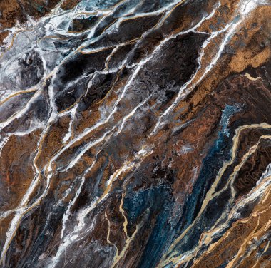 Akrilik, mavi ve kahverengi karışımlı mermer dök. Akışkan sanat mermeri parlatıcısı sulu boya, tek renk alkol mürekkebi seramik fayans yüzeyi için boya dalgalı akışı olan bilye