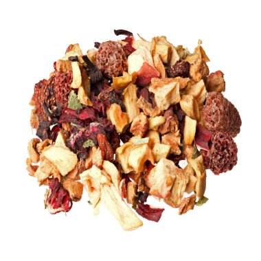 Kuru Meyve ve yaprakları, üzerinde beyaz izole ile aromatik yeşil çay