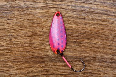 Fishing lure for predator on the old wooden table clipart