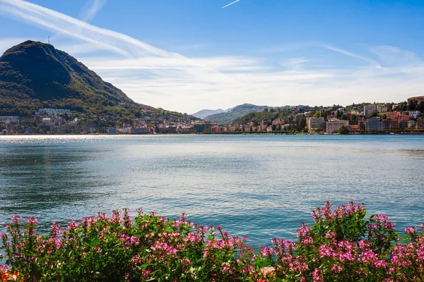 Vista Panorámica Del Lago Lugano Montañas Ciudad Lugano Cantón Del —  Fotos de Stock