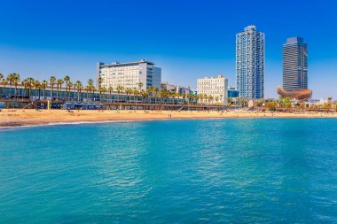 Barselona'daki Barceloneta plajı. Avuç içi güzel kum plaj. Mavi gökyüzü ile güneşli parlak bir gün. Katalonya, İspanya'nın ünlü turistik merkezi