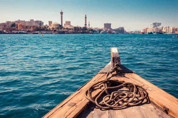 Panoramic View Traditional Water Taxi Boats Dubai Uae Creek Gulf — Stock Photo, Image