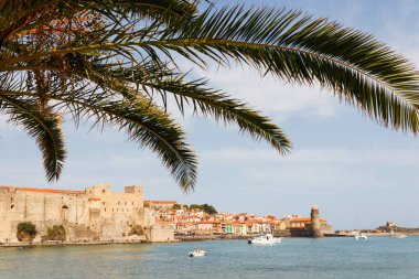Collioure Limanı Panorama, Languedoc-Roussillon, Fransa, Güney Avrupa. Fransız Rivierası 'nın Vermillion kıyısında eski bir şatosu olan antik bir kasaba. Akdeniz 'deki ünlü turizm beldesi