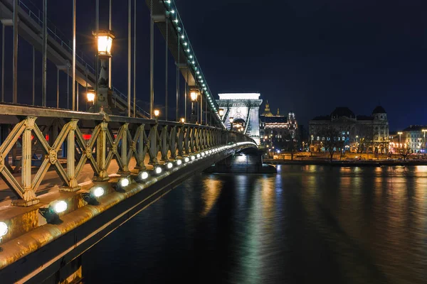 Night View Budapest Panorama Cityscape Famous Tourist Destination Danube Bridges — Stock Photo, Image