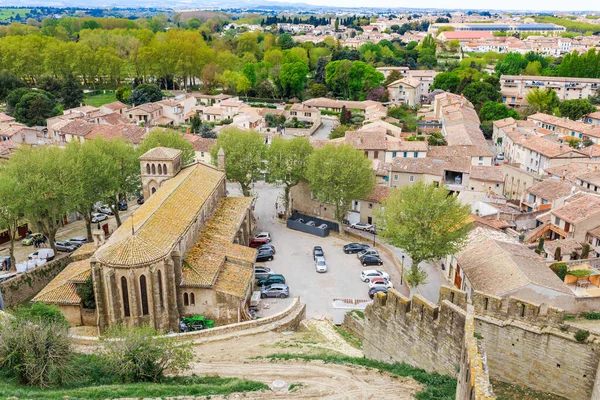 法国古城卡卡松内全景 古老的城堡 石墙高 南欧著名的旅游胜地 — 图库照片