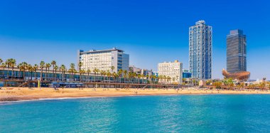 Barselona'daki Barceloneta plajı. Avuç içi güzel kum plaj. Mavi gökyüzü ile güneşli parlak bir gün. Katalonya, İspanya'nın ünlü turistik merkezi