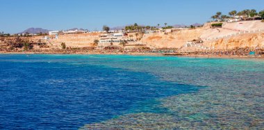 Yaz sıcağında Sharm el Sheikh, Sina, Mısır ve Asya 'da Kızıl Deniz kıyısında palmiye ağaçları olan güneşli bir tatil köyü. Ağız resifi ve kristal berrak su. Ünlü turist mekanı dalış ve şnorkelle yüzme