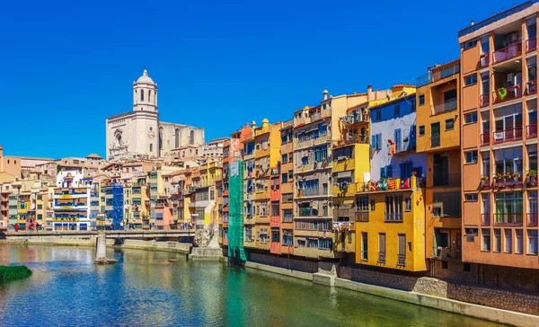 Colorful Red Orange Yellow Houses Bridge River Onyar Girona Catalonia — Stock Photo, Image
