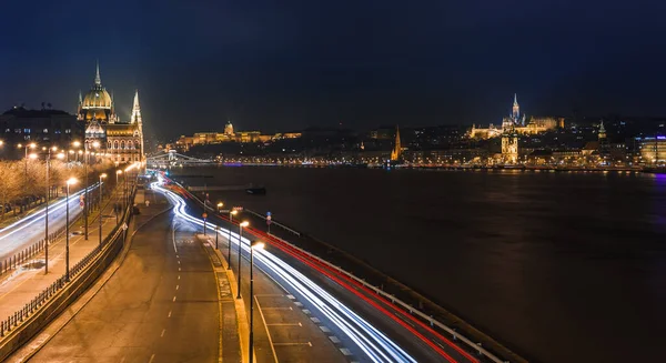 Night View Budapest Panorama Cityscape Famous Tourist Destination Danube Parliament — Stock Photo, Image