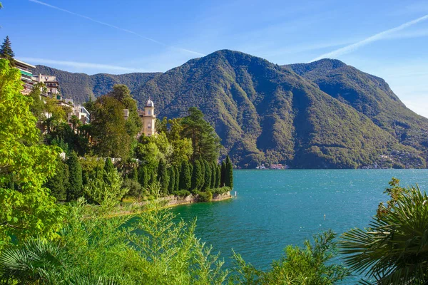 Blick Auf Den Luganer See Die Berge Und Die Stadt — Stockfoto