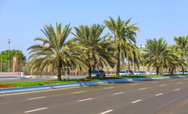 Abu Dabi sokak manzaralı ve palmiyeli. Abu Dabi 'de güneşli bir yaz günü. BAE 'deki ünlü turizm merkezi. Lüks seyahat, alışveriş ve dinlenme için ideal bir yer.