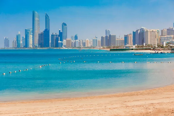 Cityscape Panorama Abu Dhabi Downtown Sea Sand Beach Skyscrapers Sunny — Stock Photo, Image