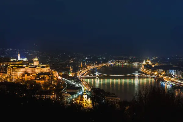 Night View Budapest Cityscape Famous Tourist Destination Danube Bridges Travel — Stock Photo, Image