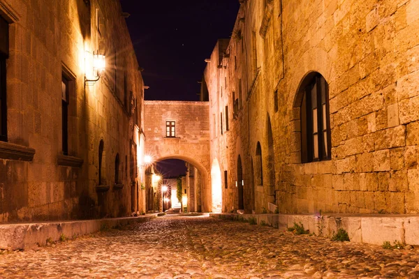 Night Photo Ancient Street Knights Rhodes City Rhodes Island Dodecanese — Stock Photo, Image