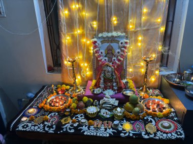 Hindistan 'da Laxmi pooja' nın diwali 'deki yakın çekimi.