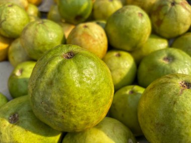 Yakın çekim yeşil guava meyveleri grubu taze ve pazarda olgunlaşmış..