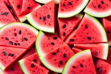 Bir sürü çekirdekli karpuz dilimleri. Karpuz popüler bir yaz meyvesi olduğu için bolluk ve tazelik kavramı