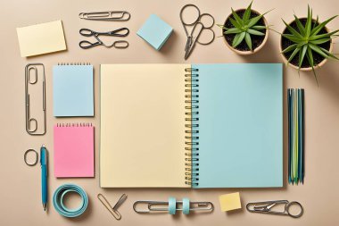 Sağında yeşil bir bitki solunda pembe ve mavi bir defter olan bir defter. Defter boş bir sayfaya açılıyor. Bir sürü kalem, kalem var.