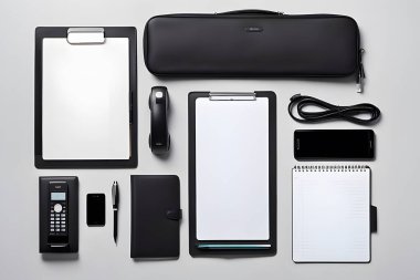 Bir telefon, bir defter, bir kalem, bir dizüstü bilgisayar ve bir cep telefonu da dahil olmak üzere ofis malzemeleri koleksiyonu.