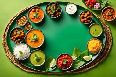 Renkli bir vejetaryen thali 'yi yeşil tonlu ve geniş kopya alanı olan bir arkaplanda göster. Hint vejetaryen mutfağını, bitki temelli yemek planlarını veya sebze dostu yemek seçeneklerini destekleyen tasarımcılar için mükemmel..