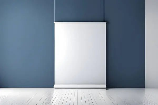 A white poster is hanging from the ceiling in a room with a blue wall. The poster is empty, and the room is bare and empty