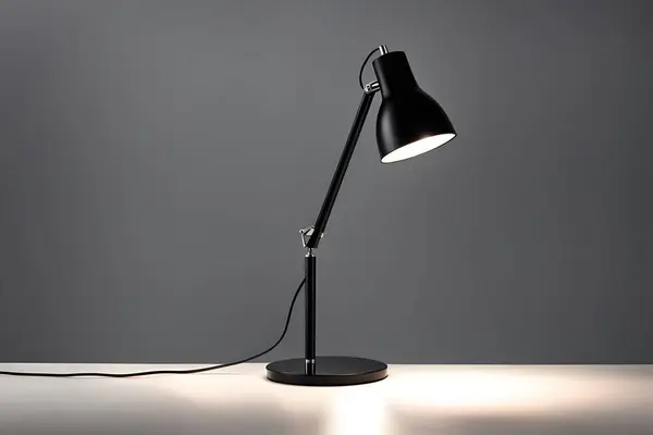 A black lamp is sitting on a table. The light is on and the lamp is turned on