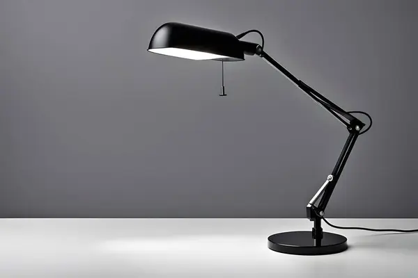 A black lamp is sitting on a table. The light is on and the lamp is turned on