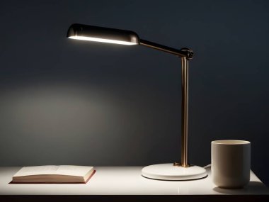 Ekstra metin için alanı olan basit bir arkaplan ile tek bir masa lambasının ışıltısını göster. Optimum çalışma alanı aydınlatması için lambanın modern tasarımı ve ayarlanabilir özelliklerini vurgula.