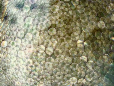 Pek çok küçük dairenin bulanık bir görüntüsü. Daireler farklı boyutlarda ve renklerde. Bu görüntünün hayali, ruhani bir kalitesi var.